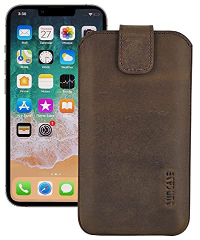 Suncase ECHT Leder Tasche kompatibel mit iPhone 13 (6.1) mit ZUSÄTZLICHER Transparent Hülle | Schale | Silikon Bumper Handytasche (mit Rückzugsfunktion und Magnetverschluss) in antik braun