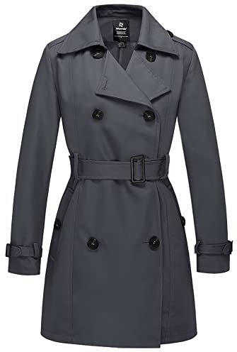 Wantdo Cappotto Primaverile da Donna Doppiopetto Lungo Trench Antivento Idrorepellente Leggera Casuale Giubbotto con Cintura Slim Fit Grigio 42