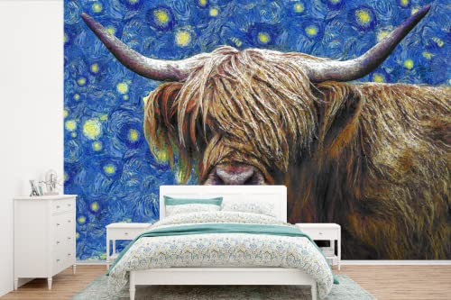 Tapete Fototapete Tapeten Wanddeko 600x400 cm Scottish Highlander - Sternennacht - Van Gogh