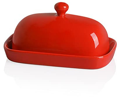 Sweejar Keramik-Butterdose mit Deckel für Arbeitsplatte, Porzellan-Butterbehälter mit Knauf, Butterbehälter für Ost-/Westküsten-Butter, 18 x 9,4 cm, Rot