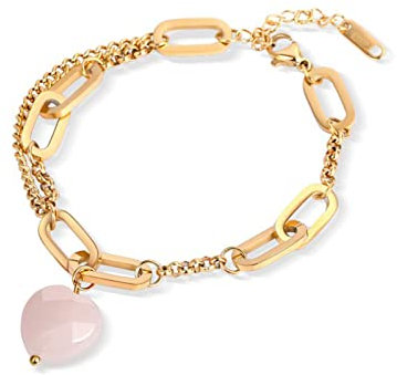 Jeulia Herzform Kristall Anhänger Armband:Natürliches Edelstein Energie Heilung Armband Titan Stahl Kette Design Damen Quarz Meditation Schmuck für Frauen Geschenk (Rosenquarz)