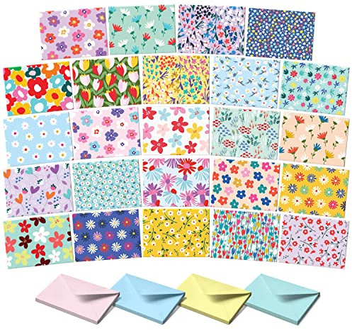 S&O Floral Note Cards and Envelopes Set of 24 - Blank sheets for Handwritten Messages - Floral All Occasion flyers Assortment Box with covers - Mix & Match Vibrant Notecards and decor Envelopes Set