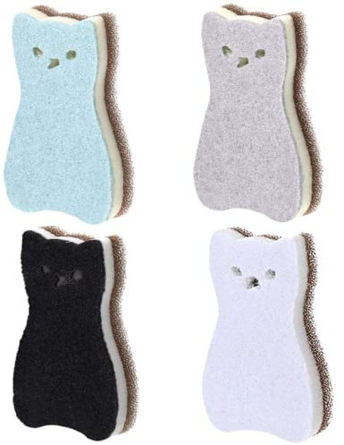 Esponja de Cocina con Forma de Gato,no arañazos,Multiuso,Resistente para Platos,Esponja de Fregadero,Esponja de Limpieza de Doble Cara (4 Piezas)