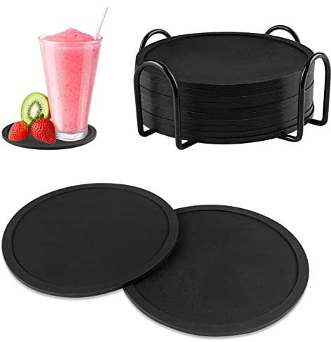 Gvolatee 12 Pièces Dessous de Verre Silicone avec Support, sous-Verre de Table Noir avec Rainures, sous-Bock Rond Design de Plat pour Café ou Bière Tasses, Tasse à Thé, Boissons, Plantes et Les Bars