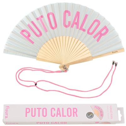 Fisura - Origineller Handfächer mit der Aufschrift p*to calor. Moderner und lustiger Holzfächer. Grauer und rosa Fächer. Maße: 42,5 x 23 cm. Holz und Textil.