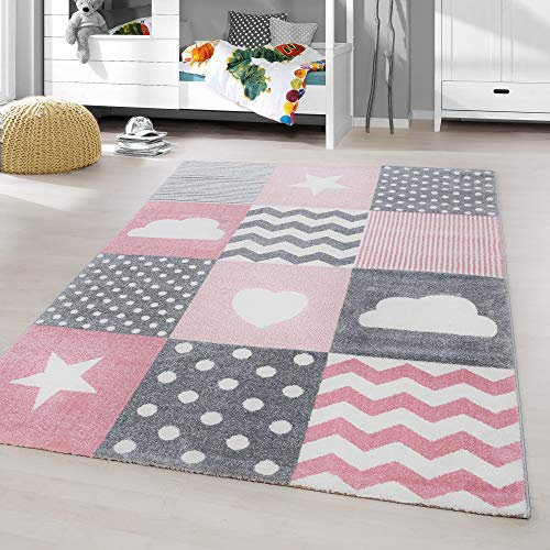 HomebyHome Kinderteppich Rosa 200x290 cm Herz Stern Wolke Kachel Design Großer Mädchen Teppich Kinderzimmer Kurzflor Teppich Extra Weich Antiallergen Babyzimmer Teppich