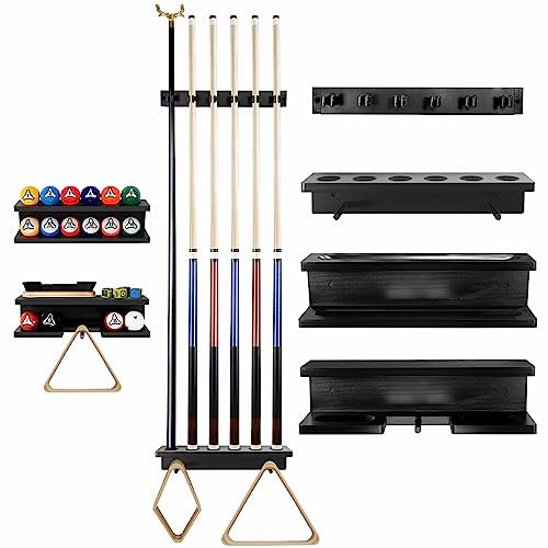 GOOX Pool Stick Holder Wandhalterung - Pool Cue Rack für 6 Pool Sticks und Billard Zubehör, Massivholz Queue Stick Halter, Gebürstet Schwarz, Rustikaler Stil