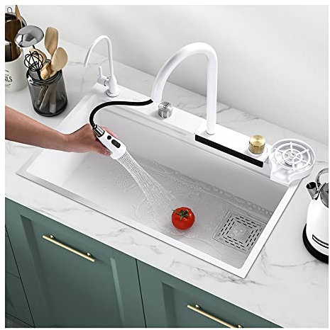 Evier Cascade Inox Multifonction Blanc Évier Lavabo Cuisine 1 Bac avec Egouttoir en acier inoxydable à une seule cuve, avec lave-gobelet en verre, combo de robinet coulissant, Évier de cuisine ( Color