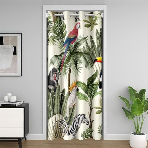 Castle Fairy Watercolor Palm Trees Tropical Plants Door Curtain for Privacy,Wild Birds Doorway Curtain 42 W X 80 L,Cute Toucan Monkey Animal Jungle Style Door Drape for Closet Door 1 Panel