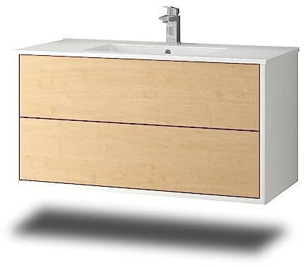 Stil.Zeit Evelia Badmöbel inkl. Waschbecken | Waschtisch mit Unterschrank 100.5 cm | Weiß/Dekor Ahorn| Push-to-Open/hängend
