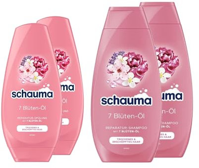Schauma Schwarzkopf Reparatur-Shampoo 7 Blüten-Öl (2x 400 ml) glättet, Repair Shampoo für trockenes & erschöpftes Haar & Spülung (2x 250 ml) Pflegespülung verleiht strahlenden Glanz