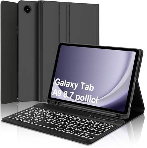 WINCHKING Tastiera per Samsung Galaxy Tab A9 8.7, Cover Galaxy Tab a9 con Tastiera, Retroilluminata Italiano Bluetooth Rimovibile Keyboard per Samsung Tablet A9 2023 8.7 Pollici, Nero