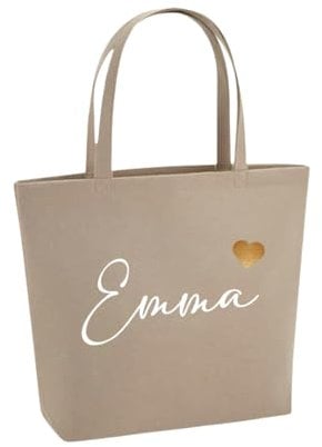 Lounis Personalisierte Filztasche mit Namen und Herz - Handtasche - Filzshopper - Shoppingbag - Tasche Filz - Geschenkidee (Sand)