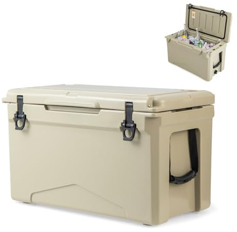 TANGZON Rotomolded Hard Cooler, Insulated Ice Chest with 5-7 Days Ice Retention, Drainage System, Latches & Bottle Opener, Portable Enhanced Ice Cooler Box (47L, with 2 Nylon Handles, Tan)