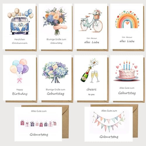 Geburtstagskarte hochwertig 10er Set mit Umschlag - Glückwunschkarte - Klappkarten zum Geburtstag - Happy Birthday Karten - ideal als Grußkarte für Männer und Frauen