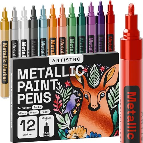 Artistro 12 Metallic-Farbstifte zum Bemalen von Fels, Stein, Keramik, Glas, Holz, Stoff, Kieselsteinen, Scrapbook-Tagebüchern, Fotoalben, Karton, Acryl-Farbmarker, mittlere Spitze 3,0 mm