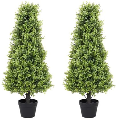 Azoco Künstliche Buchsbaum-Formschnittbäume (2er-Set) – UV-beständige Kunstpflanzen für den Außenbereich, realistische 91,4 cm künstliche Kegelsträucher und Sträucher für Veranda, Pflanzgefäß