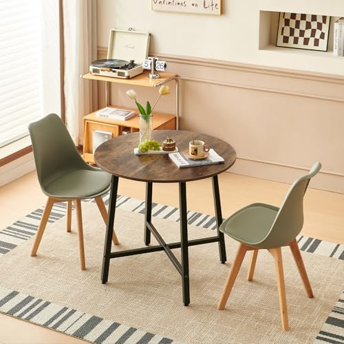 FURNITABLE Esszimmergruppe Esstisch mit 2 Stühlen Essgruppe, Runder Küchentisch mit 2er Set Esszimmerstühle Sitzgruppe für Wohnzimmer, Küche (Vintagebraun-tintenschwarz Tisch + 2 Grau Stühle)