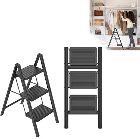 LZQ Escalera plegable de 3 peldaños con pedal ancho, escalera plegable ligera, antideslizante, con seguridad plegable de hasta 270 kg, para el hogar, la cocina, color negro