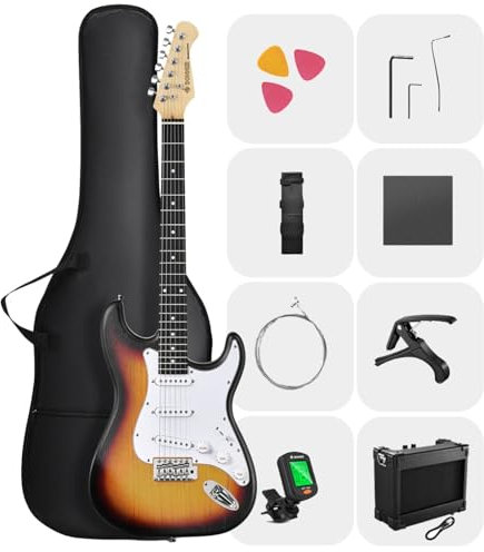 DONNER DST-80 Electric Guitar 39” Beginner Electric Guitar Kit with Amp, Classic SSS Pickup Complete with Gig Bag, Tuner, Capo, Strap, Picks, and Free Online Lessons