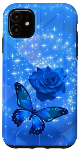 iPhone 11 Cute Butterfly Phone Cases,Rose Floral Flower Butterfly Blue Case