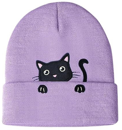 Cokbyavla Winterhaube Buben mit Katzen-Stickerei Mütze Großer (Light Purple, 21 * 19 * 2)