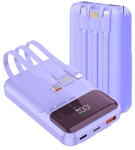 Power Bank With Built in Cables 10000mAh, 22.5W Fast Charge Portable Charger, USB C Battery Pack with 4 Outputs & 3 Inputs Compatible with iPhone 16 15 14 13 iPads Tablets and More