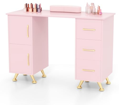 GOPLUS Mesa de Manicura Profesional, Mesa de Uñas con 3 Cajones y 2 Gabinetes, Reposamanos Manicura Desmontable, 8 Piernas de Metal, para Salón de Belleza, SPA y Maquillaje, 108x45x76 cm (Rosa)