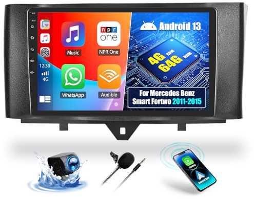 OiLiehu 4G+64G Android 13 Autoradio pour Mercedes Benz Smart Fortwo W451 2011-2015 avec CarPlay Android Auto sans Fil, 9“ Écran Tactile avec GPS WiFi Lien Miroir Bluetooth FM/RDS EQ SWC Caméra Arrière