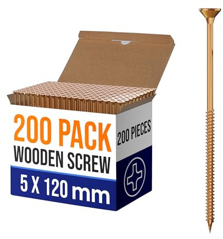 Vis à bois multi-usages, 5mm x 120mm, 200 pièces, kit de vis à bois à filetage simple galvanisées au zinc, vis autotaraudeuses passivées jaunes pour terrasse (5mm x 120mm)