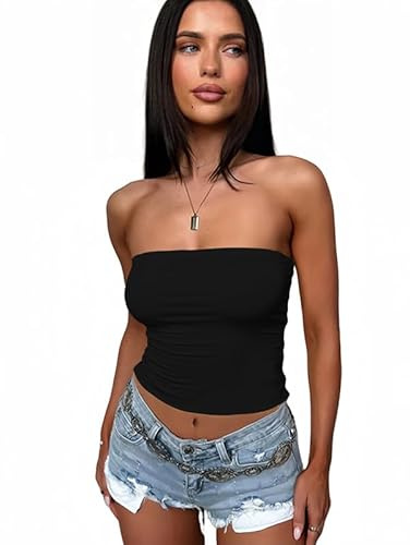 Sukiglam Crop Tops Donna Estivo Elegante Slim Fit Tubo Top a Fascia Estensibile Basic Corto Senza Spalline Canotta Senza Maniche Sexy Backless Y2k T-Shirt