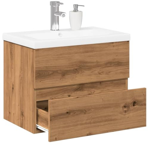 Gecheer Mobile da Bagno,Sospeso,Pensile,a Muro,Moderno,senza Rubinetto e Scarico,con Lavabo Lavandino Integrato,in Legno Multistrato,Rovere Artigianale 60x38,5x45 cm