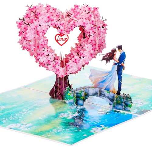 JIANTA 3D-popup-kort i hjärtform med körsbärsblommor, 3D-bröllopskort popup med vitt kuvert, Alla hjärtans dag-kort, Sakura-födelsedagskort