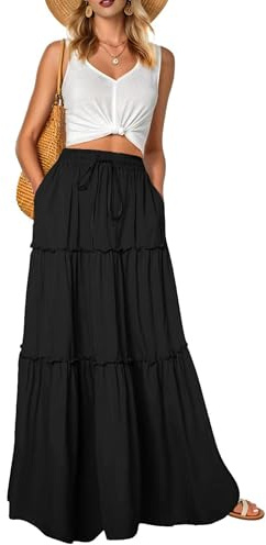 QIXING Damen Maxirock Sommer Boho Blumen Muster Hohe Taille Elastischer Bund Langer Fließender Rock mit Taschen Stufenrock Elegant Luftig