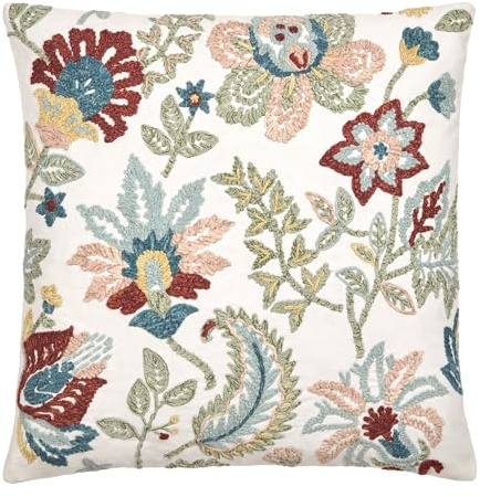 Appletree Heritage Filled Cushion, Embroidered Floral Pattern, Decorative Throw Pillow, 1 Piece, 43 x 43 cm, Multi-Coloured, 100% Cotton, Square