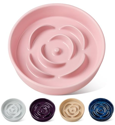 vancasso Flower Shaped Slow Feeder Dog Bowl 960ml Pet Bowl, Ceramic Puzzle Feeder for Small Dogs & Cats, Dishwasher & Microwave Safe, Ideal for Food and Water, Non-Slip & Tip-Proof; Pink; Medium