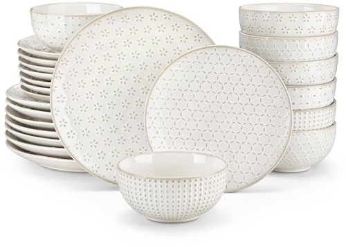 MALACASA LYDIA Geschirrset 8 Personen, Tellerset 24-tlg Steingut Relief | Vier Reliefmuster, Modernes Design, Speise-, Dessertteller & Müslischalen, Mikrowellengeeignet