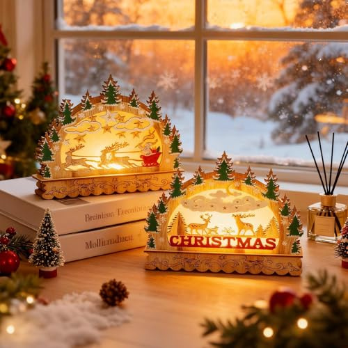 Schwibbogen Weihnachten, Weihnachtsdeko LED Holz Schwibbogen LED Lichterbogen Weihnachten mit Elch Holz Weihnachtsdorf mit Beleuchtung Batterie Weihnachtsdeko Innen Winterdorf für Tischdeko (AB)