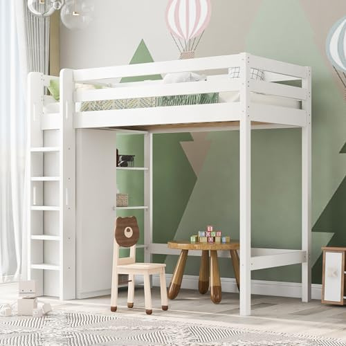 Oxtao Hochbett 90x200cm, Stockbett mit Kleiderschrank und 6 Regalen, Kinderbett aus Holz mit Treppe, Einzelbett mit Rausfallschutz und Lattenrost, Spielbett für Jungen Mädchen