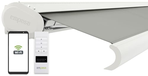 empasa elektrische Vollkassettenmarkise Profi Plus mit WiFi-Motor | Smart Home kompatibel Terrassenüberdachung Markise Kassette: weiß, Stofffarbe: hellgrau, Größe: 3 x 2.5 m