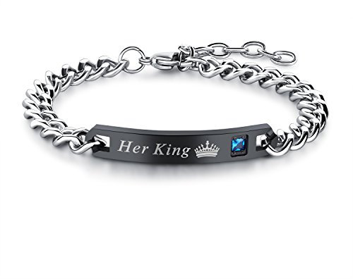 JewelryWe Schmuck Herren Partner Armband, Lieben Freundschaftsarmband Valentinstag Paar Geschenke, Her King Schrift Krone, Edelstahl Zirkonia, Schwarz Silber, kostenlos Gravur