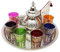 Moroccan Teapot Set Engraved Large: Silver Tea Pot with Integrated Filter and Teapot Holder, 6 Multicoloured Tea Glasses and Silver Tray, Handmade in Morocco, Serving Mint Tea Gift Set