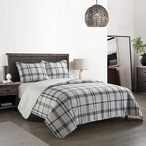 Dearfoams Willisville Soft Grey Plaid Micromink 3-teiliges Bettwäsche-Set, Queensize-Bett