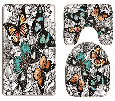 A.Monamour Badezimmer Badematte 3 Teilig Set Bunte Schmetterlinge Und Blumen Hintergrund Vintage Stil Flanell WC Toilette Deckel Deckt Bad Matte Teppich Badteppiche Badvorleger Badgarnitur Vorleger