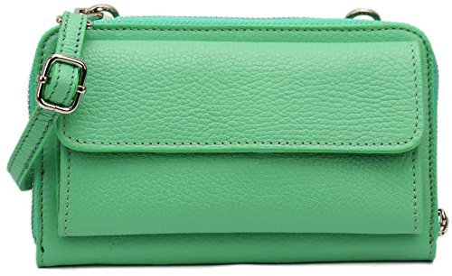 SH Leder Damen Handytasche Umhängetasche Geldbörse Multifunktion Beutel aus Echtleder Verstellbar Schultergurt Handy bis 6,7 Zoll 11,50x19cm Vera G368 (Hellgrün)