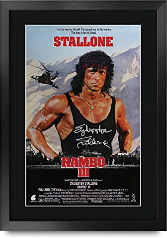 HWC Trading FR A3 Rambo 3 Sylvester Stallone Gifts gedrucktes Poster, signiertes Autogrammbild für Film-Fans, A3, gerahmt