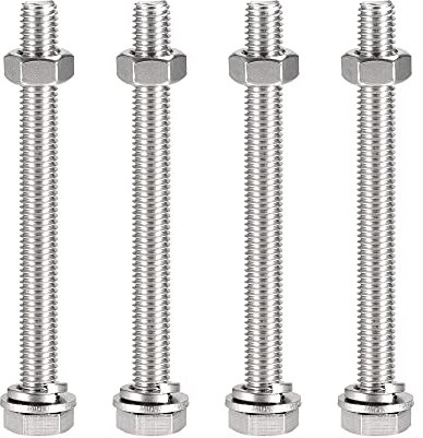 sourcing map Tornillos de cabeza hexagonal M10 x 110 mm, tornillos, tuercas, arandelas planas y cerradas, 304 tornillos hexagonales de acero inoxidable totalmente roscados 4 juegos