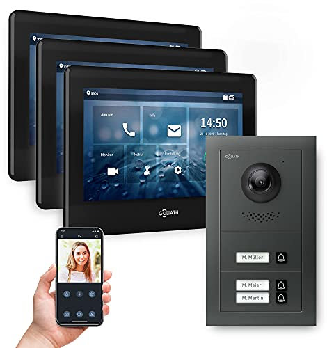 Goliath Hybrid | 2-Draht | Full-HD Video Türsprechanlage | App | 3-Fam | 3 x Full-Touchscreen 7 | Aluminium Unterputz Türstation | 3 Klingel | 180° Ultra-Weitwinkel | AV-BUS-631