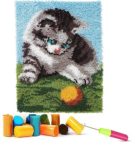 EMISTEM Latch Hook Kits for Adults - DIY Latch Hook Rug Kits for Kids, Crochet Kit for Beginners, Rug Making Kits with Printed Canvas, Gift Packaging. (Cute Cat with Baseball, 15x21)
