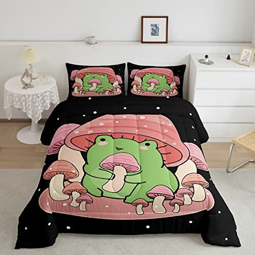 Feelyou Cartoon-Pilz-Frosch-Bettwäsche-Set, niedlicher Frosch-Set für Kinder, Jungen, Mädchen, natürlicher Wildpilz, Tröster, rosa Pilz, Innenfüllung, Bettbezug-Set mit 2 Kissenbezügen, volle Größe